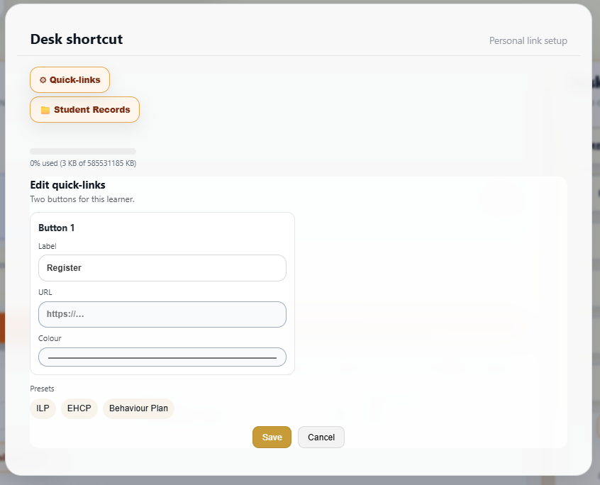 Desk shortcut editor