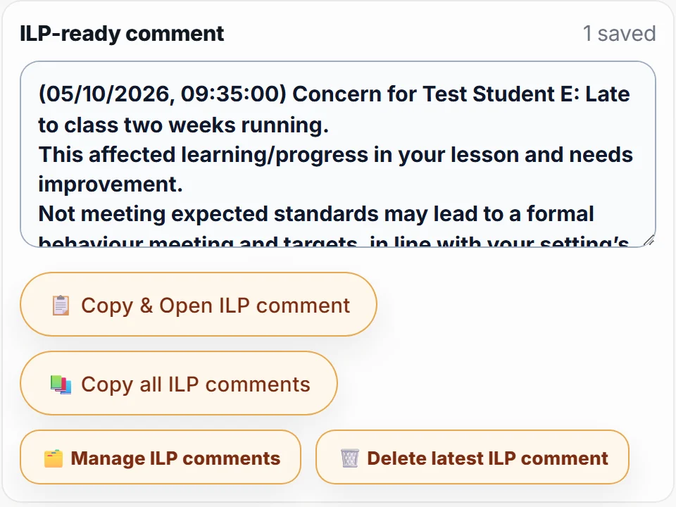 An ILP-ready comment generated from the concern note, with a Copy and Open ILP button.