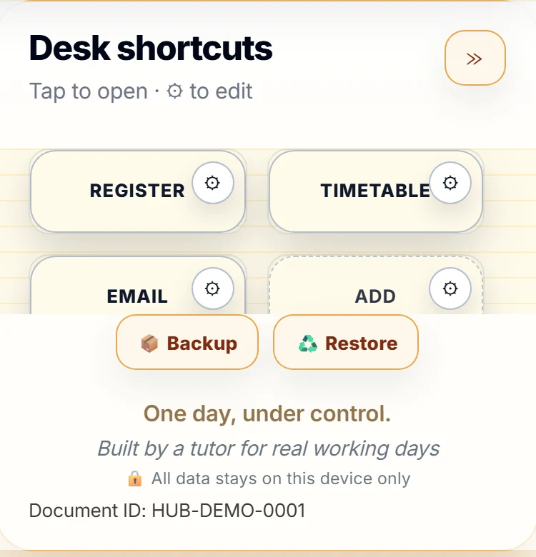 Desk shortcuts for Register, Timetable and Email.