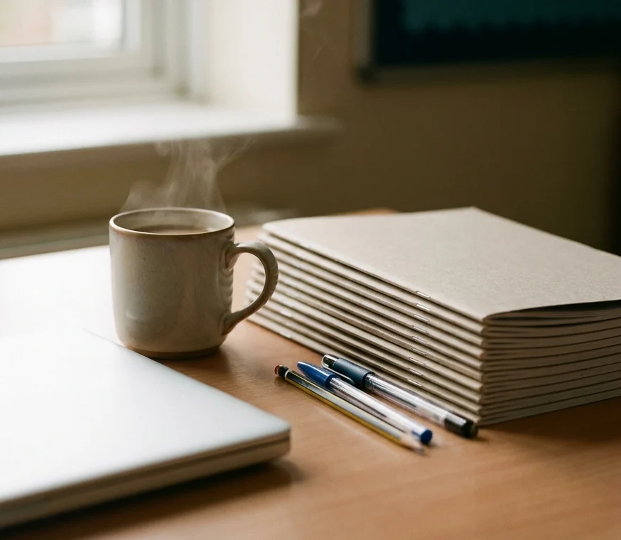 A teacher's desk in the morning: a mug of coffee, a laptop and a stack of exercise books.